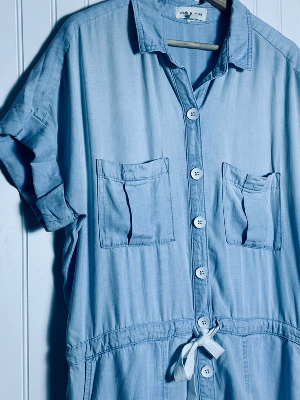 Cloth & Stone Anthropologie Sz S Relaxed Chambray Utility Romper Drawstring - Picture 5 of 10